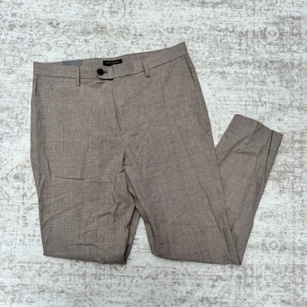 Banana Republic Mens Tailored Fit Glen Plaid Linen Blend Dress Pants Brown 34x32